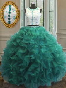 Eye-catching Scoop Turquoise Clasp Handle Sweet 16 Quinceanera Dress Appliques and Ruffles Sleeveless Floor Length