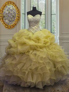 Pick Ups Floor Length Ball Gowns Sleeveless Yellow Quince Ball Gowns Lace Up