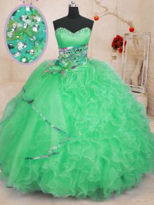 Apple Green Ball Gowns Sweetheart Sleeveless Organza Floor Length Lace Up Beading and Ruffles Ball Gown Prom Dress
