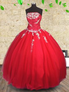 Hot Selling Sleeveless Tulle Floor Length Lace Up Sweet 16 Dresses in Red with Appliques and Ruching