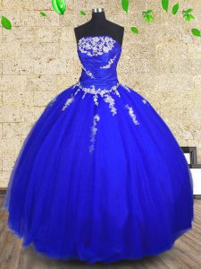 Royal Blue Sleeveless Appliques and Ruching Floor Length 15th Birthday Dress