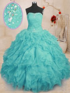 Attractive Sleeveless Floor Length Beading and Ruffles Lace Up Quinceanera Gowns with Aqua Blue