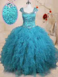 Cap Sleeves Tulle Floor Length Lace Up Sweet 16 Dress in Baby Blue with Beading and Ruffles