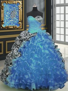 Printed With Train Ball Gowns Sleeveless Baby Blue Quinceanera Gown Brush Train Lace Up