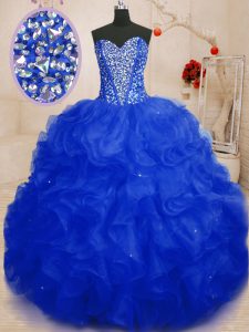 Exquisite Ball Gowns Vestidos de Quinceanera Royal Blue Sweetheart Organza Sleeveless Floor Length Lace Up
