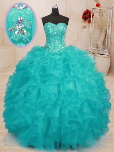 New Arrival Sweetheart Sleeveless Quinceanera Gown Floor Length Beading and Ruffles Aqua Blue Organza