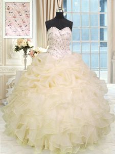 Clearance Champagne Organza Lace Up 15 Quinceanera Dress Sleeveless Floor Length Beading and Ruffles
