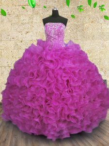 Glittering Strapless Sleeveless 15th Birthday Dress Floor Length Beading and Ruffles Fuchsia Organza