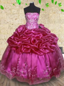 Fuchsia Organza Lace Up Strapless Sleeveless Floor Length Sweet 16 Dresses Beading and Embroidery and Pick Ups