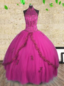 Halter Top Tulle Sleeveless Floor Length Quinceanera Dresses and Beading