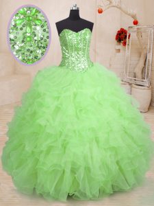 Fashionable Organza Lace Up Quince Ball Gowns Sleeveless Floor Length Beading and Ruffles