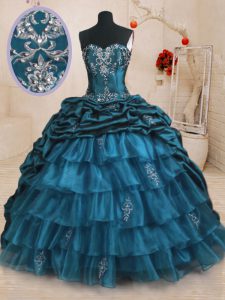Sleeveless Organza and Taffeta With Train Sweep Train Lace Up 15 Quinceanera Dress in Teal with Beading and Appliques an