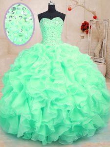 Luxurious Floor Length Lace Up Quince Ball Gowns Apple Green for Military Ball and Sweet 16 and Quinceanera with Beading