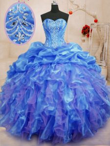 Blue Ball Gowns Beading and Ruffles Quince Ball Gowns Lace Up Organza Sleeveless Floor Length