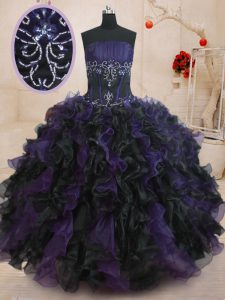 New Arrival Strapless Sleeveless Sweet 16 Dress Floor Length Beading and Ruffles Black And Purple Organza