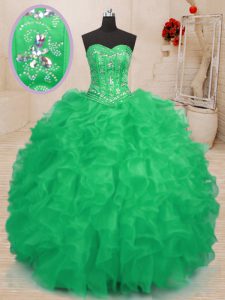Sleeveless Organza Floor Length Lace Up Sweet 16 Dress in Teal and Green with Beading and Ruffles