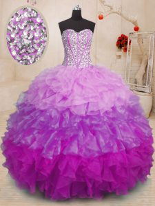 Sweetheart Sleeveless 15 Quinceanera Dress Floor Length Beading and Ruffles Multi-color Organza