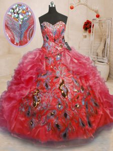 Excellent Red Sweetheart Neckline Beading and Appliques and Ruffles Quinceanera Dress Sleeveless Zipper