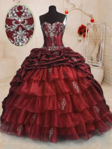 Pick Ups Ruffled Sweep Train Ball Gowns Quinceanera Dresses Wine Red Sweetheart Organza and Taffeta Sleeveless With Trai
