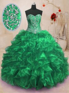 Sweetheart Sleeveless Quince Ball Gowns With Train Sweep Train Beading and Ruffles Green Organza