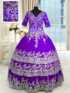 Ruffled Purple Half Sleeves Tulle Zipper Quinceanera Dresses for Military Ball and Sweet 16 and Quinceanera