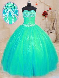Cheap Turquoise Ball Gowns Tulle and Sequined Sweetheart Sleeveless Beading and Appliques Floor Length Lace Up Quinceane