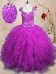 Elegant Purple Quinceanera Gowns Military Ball and Sweet 16 and Quinceanera and For with Beading and Ruffles Square Cap 