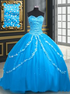 Popular Aqua Blue Tulle Lace Up Sweetheart Sleeveless With Train 15th Birthday Dress Brush Train Beading and Appliques