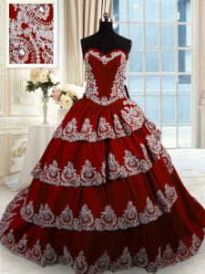 Clearance Ruffled Wine Red Sleeveless Taffeta Court Train Lace Up Sweet 16 Dress for Military Ball and Sweet 16 and Quin