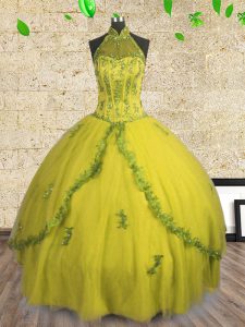 Eye-catching Halter Top Yellow Lace Up Quinceanera Gown Beading Sleeveless Floor Length