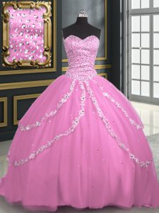 Custom Designed Rose Pink Sleeveless Brush Train Beading and Appliques With Train Sweet 16 Dresses