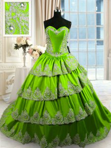 Pretty Sleeveless With Train Beading and Appliques and Ruffled Layers Lace Up Quinceanera Gowns with Green Court Train