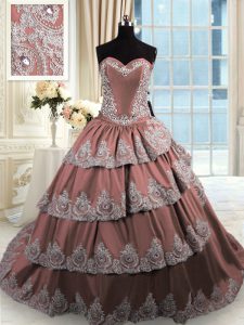Sweetheart Sleeveless Taffeta Sweet 16 Dresses Beading and Appliques and Ruffled Layers Court Train Lace Up