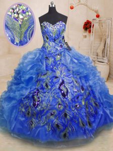 Floor Length Blue Sweet 16 Quinceanera Dress Organza Sleeveless Beading and Appliques and Ruffles