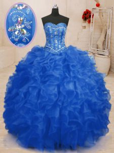 Blue 15th Birthday Dress Military Ball and Sweet 16 and Quinceanera and For with Beading and Ruffles Sweetheart Sleevele