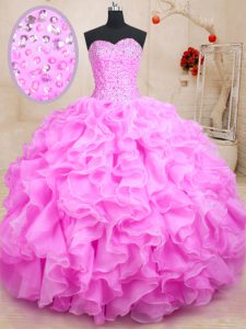 Floor Length Lace Up 15th Birthday Dress Rose Pink for Military Ball and Sweet 16 and Quinceanera with Beading and Ruffl