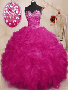 Fuchsia Ball Gowns Sweetheart Sleeveless Organza Floor Length Lace Up Beading and Ruffles 15 Quinceanera Dress