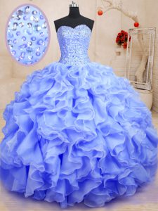 New Arrival Lavender Organza Lace Up Sweetheart Sleeveless Floor Length 15th Birthday Dress Beading and Ruffles