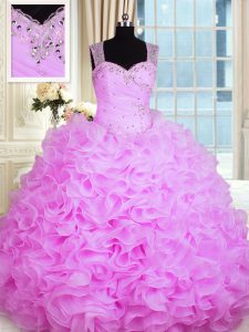 Luxury Rose Pink Ball Gowns Sweetheart Sleeveless Organza Floor Length Zipper Beading and Ruffles 15 Quinceanera Dress