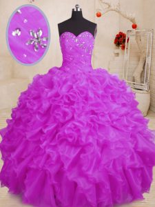 Unique Floor Length Lace Up Quinceanera Gowns Purple for Military Ball and Sweet 16 and Quinceanera with Beading and Ruf