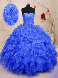 Sweetheart Sleeveless Organza Quince Ball Gowns Beading and Ruffles and Hand Made Flower Lace Up