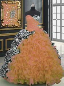 Orange Sleeveless Organza and Printed Brush Train Lace Up 15th Birthday Dress for Military Ball and Sweet 16 and Quincea