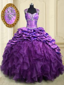 Pick Ups Sweetheart Cap Sleeves Brush Train Lace Up Sweet 16 Quinceanera Dress Purple Organza and Taffeta