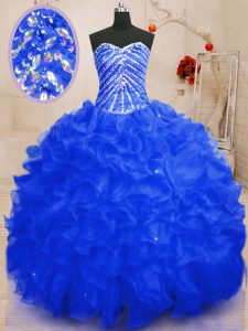 Shining Organza Sleeveless Floor Length Ball Gown Prom Dress and Beading and Ruffles and Sequins