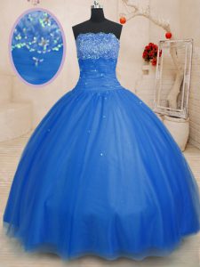 Fancy Floor Length Blue Quince Ball Gowns Strapless Sleeveless Lace Up
