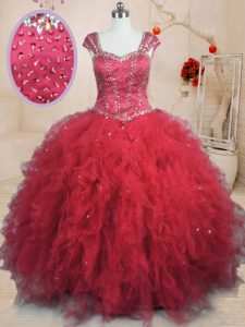 Beautiful Floor Length Ball Gowns Cap Sleeves Red Sweet 16 Quinceanera Dress Lace Up