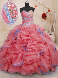 Stunning Coral Red Ball Gowns Organza Sweetheart Sleeveless Beading and Ruffles With Train Lace Up Sweet 16 Quinceanera 
