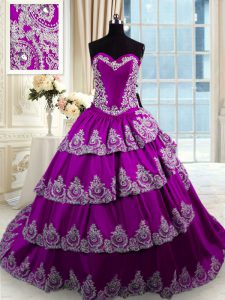 Top Selling Eggplant Purple Ball Gowns Beading and Appliques and Ruffled Layers Quinceanera Gowns Lace Up Taffeta Sleeve