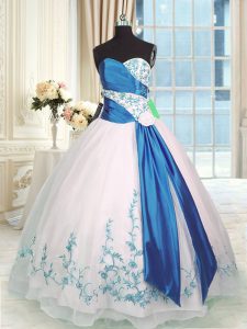 Floor Length Lace Up 15 Quinceanera Dress Blue And White for Military Ball and Sweet 16 and Quinceanera with Embroidery 