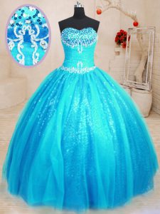 Wonderful Baby Blue Ball Gowns Tulle and Sequined Sweetheart Sleeveless Beading and Appliques Floor Length Lace Up Sweet